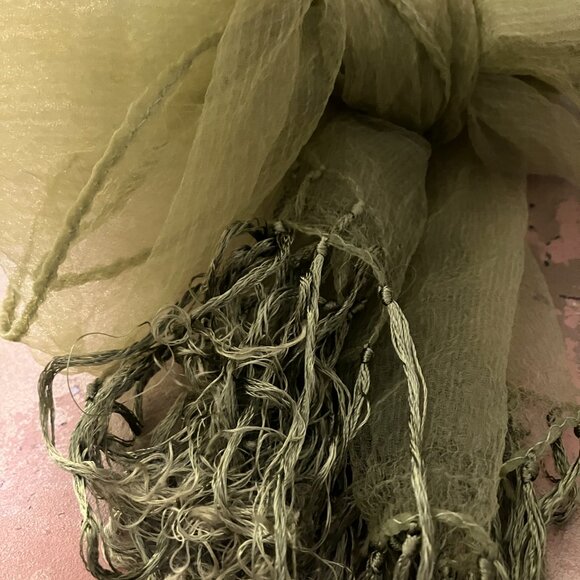 VTG Chiffon Scarf 56 X 22 Olive Green Sheer Chiffon Scarf with Fringe - Picture 3 of 6